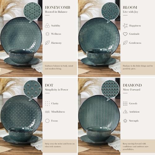 Image of MALACASA 12 Pieces Dinnerware Sets, Farmhouse Plates and Bowls Sets, Embossed Green Dish Set for 4, Vintage Relief Ceramic Dish Set, Chip-Resistant, Microwave and Dishwasher Safe, Series LYDIA