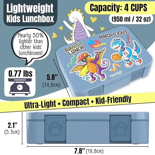 Image of BEARFOOT Kids Lunch Box with Compartments - Compact & Lightweight | Leak-Proof, BPA-Free, Dishwasher Safe | Hand-Drawn Design for Preschool, School, Travel (Dinos Blue, 4 Cups) | BPA Free Leakproof Lunch Box with Compartments School & Nursery for Girls & Boys Lightweight & Compact