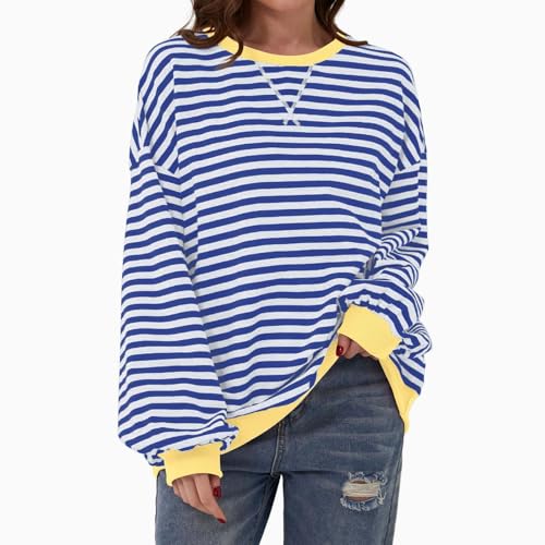 Moletom feminino com capuz listrado de manga comprida e gola redonda casual solto, Azul, GG