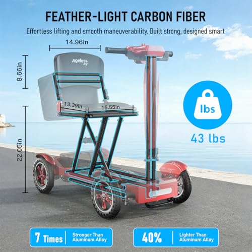 Image of Mobility Scooter Adults & Seniors, Red, 12AH Li-ion Battery | Carbon Fiber Lightweight, 15 Miles Range, Airline Approved, All-Terrain, 330lb Capacity, All-weather Cover