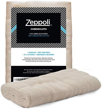 Zeppoli Unbleached Grade 90 Cheesecloth - 100% Fine Cotton Reusable Fabric | Use as Nut Milk Bag, Strainer & Filter For Cooking 44” × 36” (4 Yards)