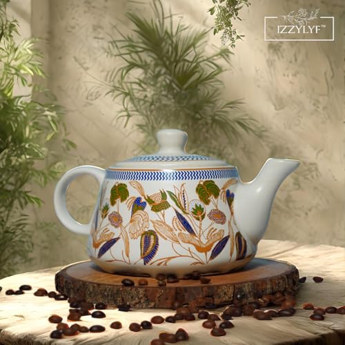 Image of 'Golden Flora' Premium Ceramic Tea Cup Set with Kettle & 6 Cups | Floral Printed Ceramic Cup with Teapot | Handcrafted, Microwave & Dishwasher Safe | Tea Serving Set for Home, Office & Gifting
