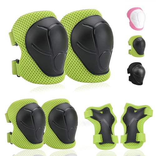 Rodilleras para niños, equipo de protección 6 en 1, rodilleras, coderas, rodilleras, rodilleras, juego de protectores para niños, para monopatín, patinaje (verde)