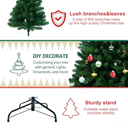 6ft Artificial Christmas Tree - 180cm with 100 LED Lights & 24 Balls & Top Star,950 Branch Tips,Easy Assembly,Metal Stand - Image 7