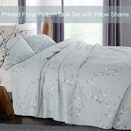 Exclusivo Mezcla Microfiber Queen Size Quilt Set For All Seasons, 3 Piece Flower Pattern Bedspreads Coverlet Set With 2 Shams, Lightweight And Soft Bedding Set, (92"X96", Light Blue) #TOP1