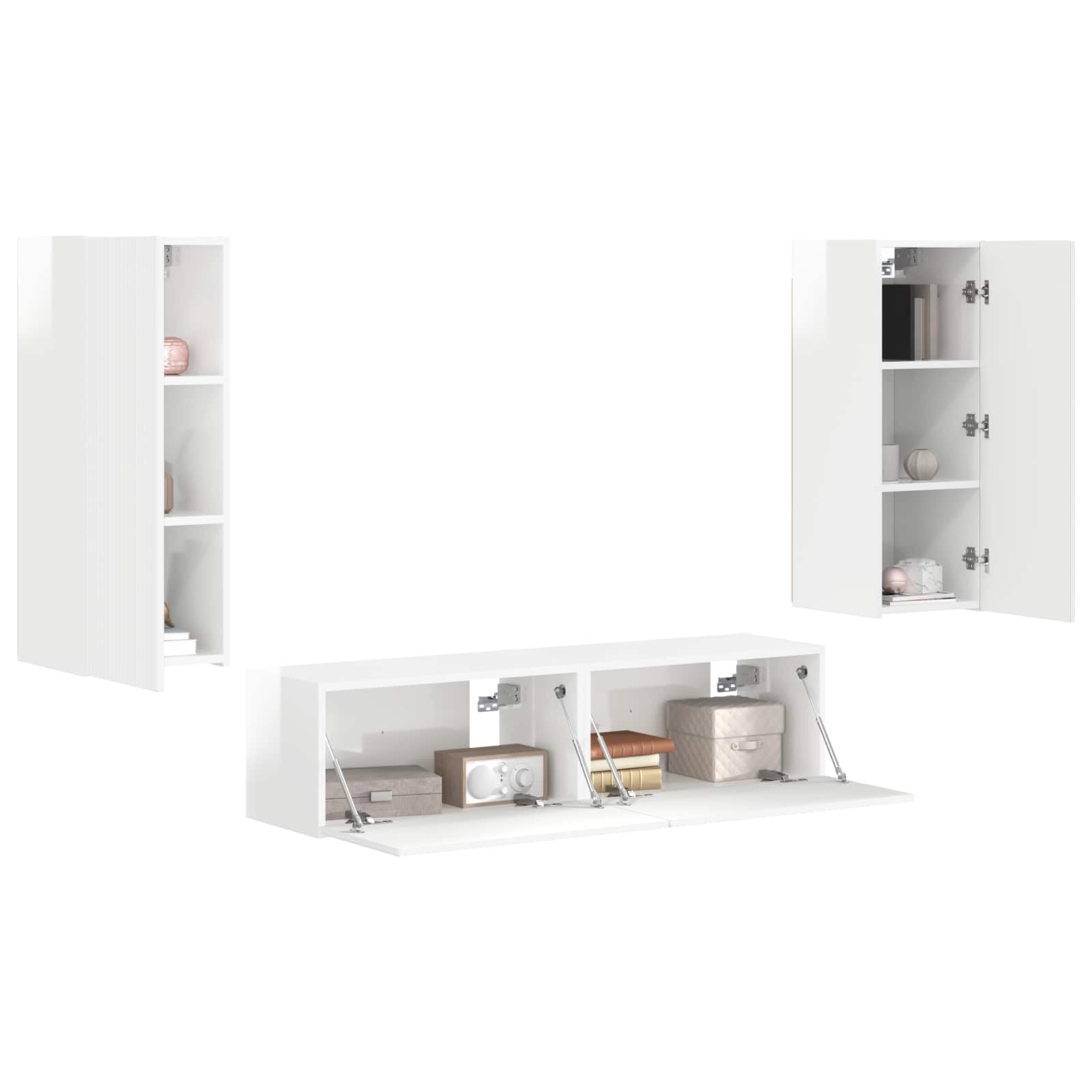 TV-Schrankset 4-TLG, Wohnwand in Hochglanz Weiß, modernes TV-Board und Wandregal Set aus Holzwerkstoff für Wohnzimmer, funktionales Media-Center zur Aufbewahrung