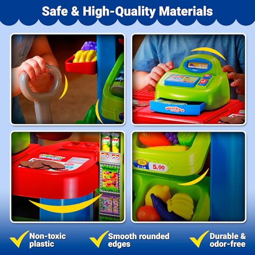 OLEOCA Supermarket Playset for Kids — Grocery Store Pretend Play with Toy Shopping Cart, Cash Register, Scanner & Play Food Accessories – Fun Gift for Ages 3+