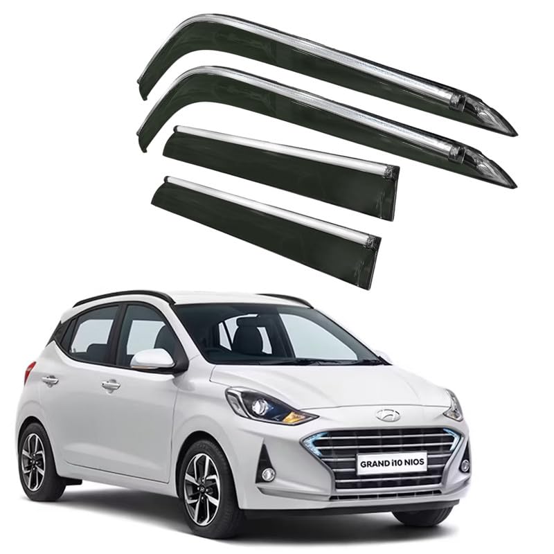 Image of CAR SAAZ Side Door Visors for Grand I10 NIOS (2019-2023)(Set of 4Pcs)|Chrome Lined Rain Guards, Polycarbonate, Smoke Finish