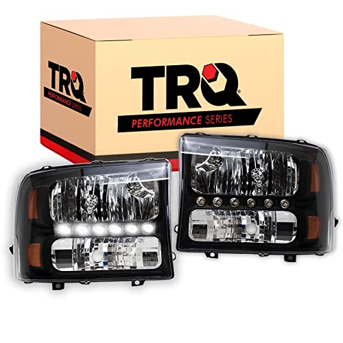 Image of TRQ 2 Piece Headlight Assembly Set Performance LED Daytime Running Lights Black Bezel Driver & Passenger Side Compatible with Ford Excursion 2000-2004 F250 F350 1999-2004 F450 F550 1999-2003
