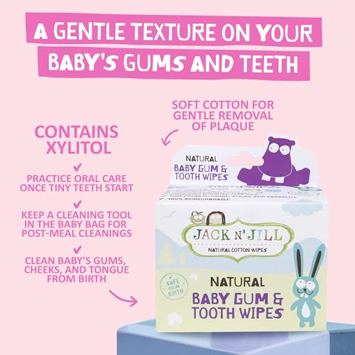 Image of Jack N' Jill Baby Gum & Tooth Natural Cotton Wipes, 25 Count | Baby Mouth Wipes for Teeth, Contains Only Water & Xylitol, Free from Fluoride & Sugar, Individually Wrapped
