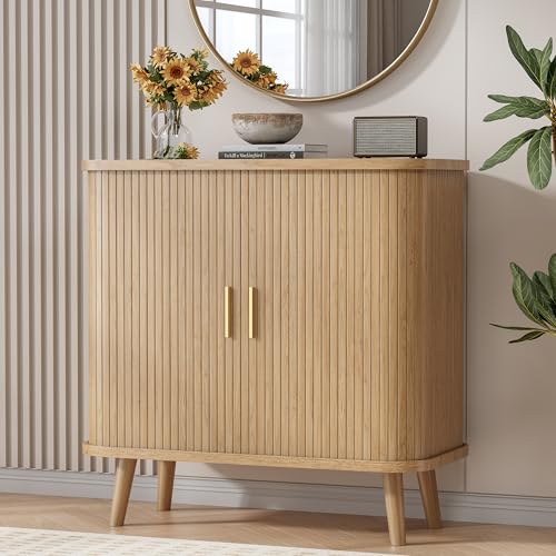 Image of BORNOON Buffet Cabinet with Storage, Curved-Edge Fluted Storage Cabinet Sideboard, Modern Black Sideboard Buffet with Adjustable Shelves & Sliding Door for Dining Room, Kitchen, Entryway (Oak)