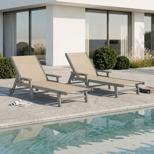 Patio Kingdom HDPE 5 Positions Chaise Lounge Outdoor Set of 2 with Wheels, Khaki Textilene Fabric Pool Lounge Chairs for Patio, Deck, Beach (Grey Frame)