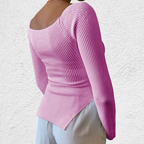 Image of Women's Square Neck Ribbed Knitted Sweater Long Sleeve Crop Slim Fitted Basic Pullover Tops