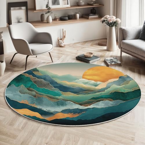 Tapis bleu vert 60 cm rond lavable et antidérapant pour salon et chambre - 5