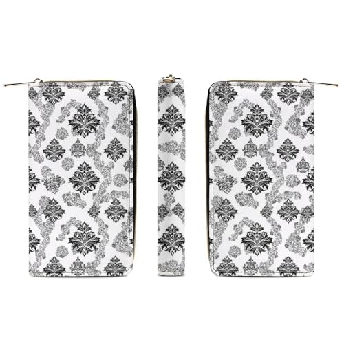 Leather Wallets for Men Women, Slim Credit Card Holder Compartment, Multi-Layer Inner Zip Antique Classical Damask Flowers Pattern Traditional Artwork Wallet3