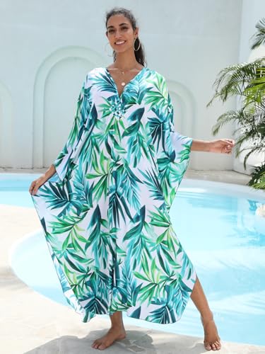 Image of IMAGEKOPE Women's Plus Size Animal Print V-Neck Batwing Kaftan Beach Dress Bathing Suit Cover-Up Loungewear