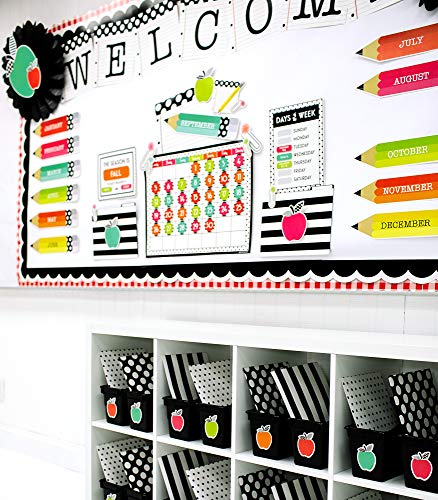 Schoolgirl Style Black, White and Stylish Mini Bulletin Board Set—Banner, Pencil Pocket, Tassels, Paper Clips, Pencils, Classroom or Homeschool Writing Practice (17 pc)