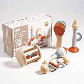 Brinquedo Montessori de Madeira, Kit Instrumentos Musicais para Bebê 5 Peças, Chocalhos Sensoriais, Brinquedo Didático Educativo de Educação Precoce