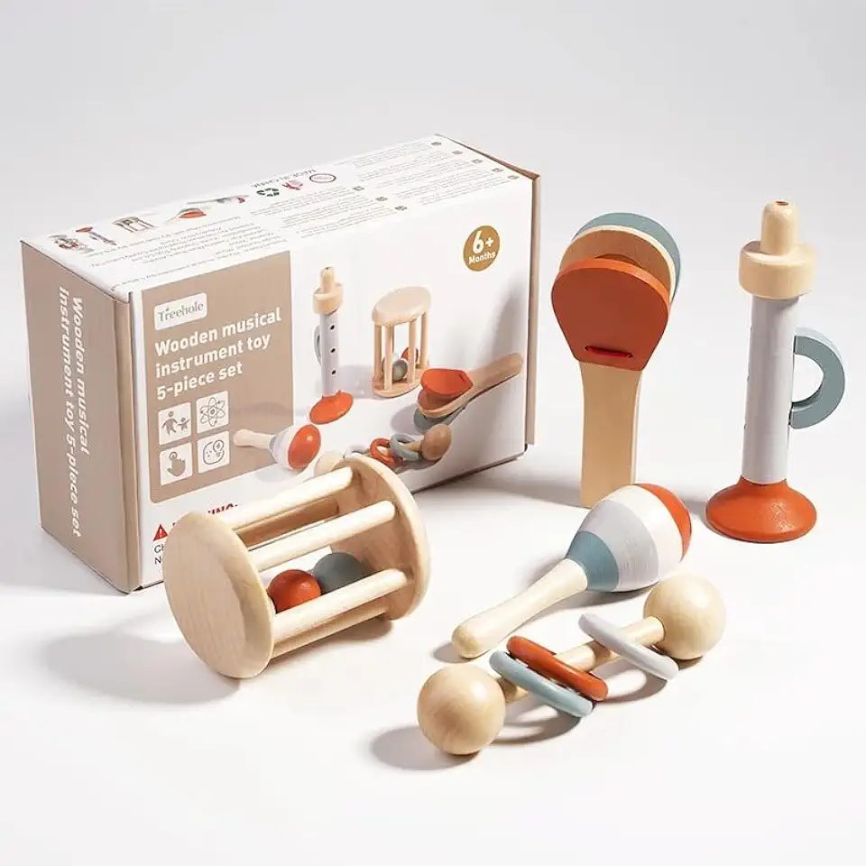 Brinquedo Montessori de Madeira, Kit Instrumentos Musicais para Bebê 5 Peças, Chocalhos Sensoriais, Brinquedo Didático Educativo de Educação Precoce
