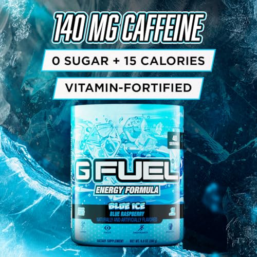 Image of G Fuel Blue Ice Energy Drink Powder, Pre Workout Caffeine Mix for Gaming, Sugar Free Focus Amino, Vitamin + Antioxidants, 9.9oz (Blue Raspberry, 40 Servings)