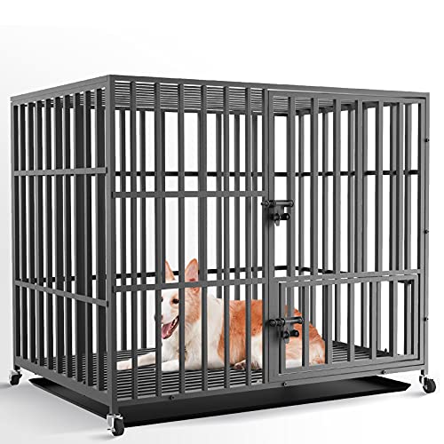 BingoPaw Jaula Perro Grande: XL Jaulas para Perros de Alta Resistencia Casa Interior Exterior Dog Crate Transporte con 4 Ruedas, 3 Puertas con Cerradura y Banjeja Extraible, 107x77.5x88.5cm