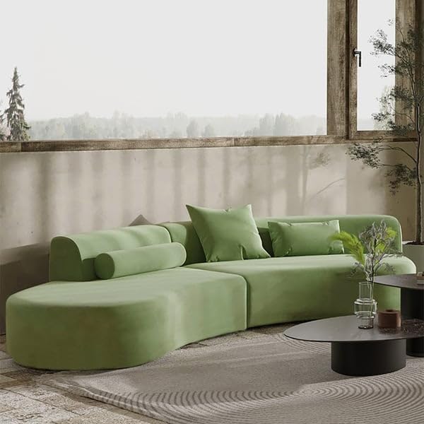 Image of Modern Style Curved Sectional Living Room, Minimalist Comfy Velvet Fabric Modular Sofa for Apartment, Home Office, Green