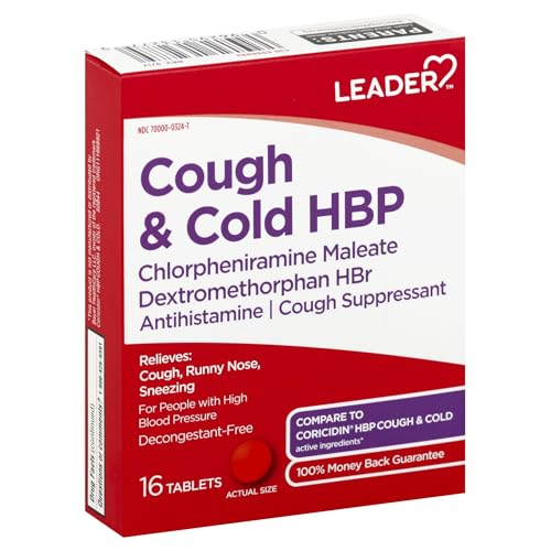 Leader Cough and Cold HBP Medicine, Decongestant-Free Antihistamine, Cough Suppressant - Relieves Cough, Runny Nose, Sneezing and Cold Symptoms for People with High Blood Pressure, 16 Tablets, 3 Pack