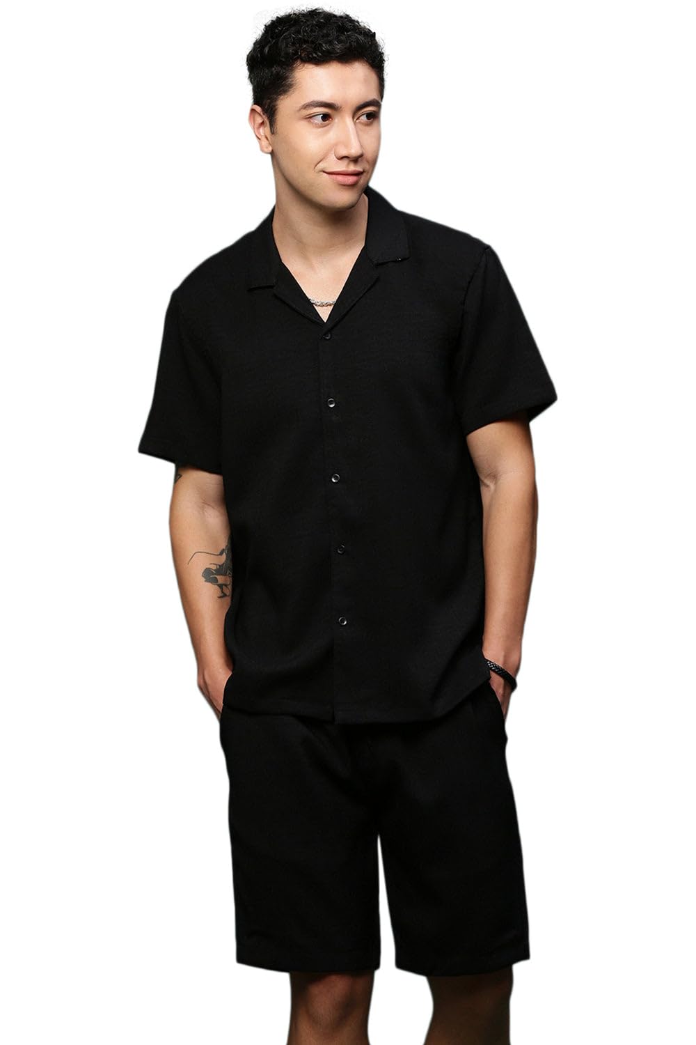 showoffff Men Solid Two-Piece Co Ords | Cuban Collar Half Sleeves Cotton Co Ords for Mens | Mid-Rise Relaxed Fit Knee Length Co Ords for Men's-picture-11