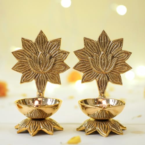Image of Behoma 100% Pure Brass Lotus Diya Set of 2 for Puja | Traditional Handcrafted Brass Oil Lamp Diya for Home, Temple, Office, Pooja Room Decoration, Festive Rituals & Housewarming Gift Item