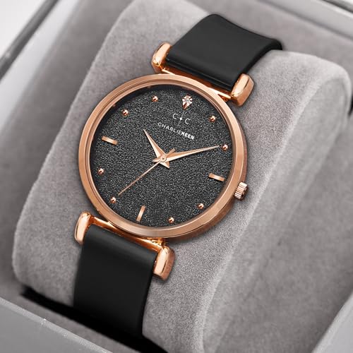 Image of CHARLIEKEEN Women's Analog Watch with Rose Gold Case, Silicone Band, Textured Dial, Crystal Markers