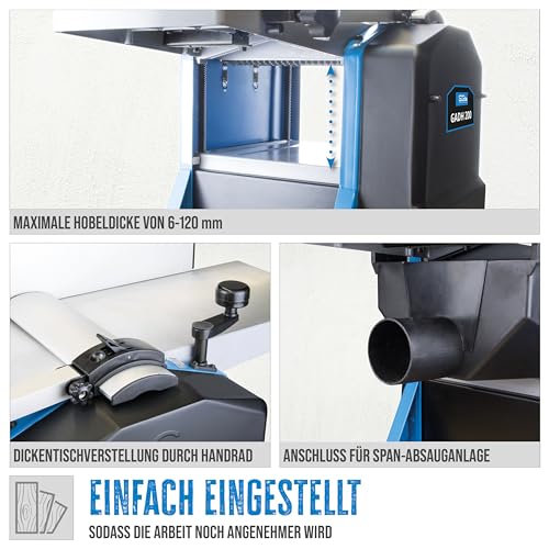 Foto von Güde 55440 Abricht- & Dickenhobel GADH 200 (Abrichttische aus Alu-Druckguss, Hobelwellenschutz, Überlastschalter), Blau, 82 x 46 cm
