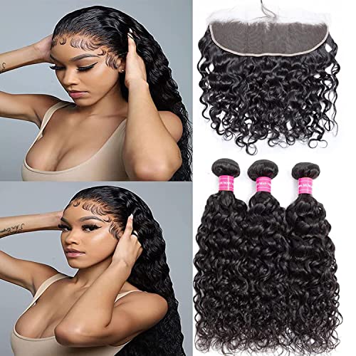 Water Wave Bundles with Frontal Brazilian Water Wave 3 Bundles with 13x4 Ear to Ear Lace Frontal Water Wave Bundles 150% Density Unprocessed Virgin Hair Natural Color (18 20 22+18)
