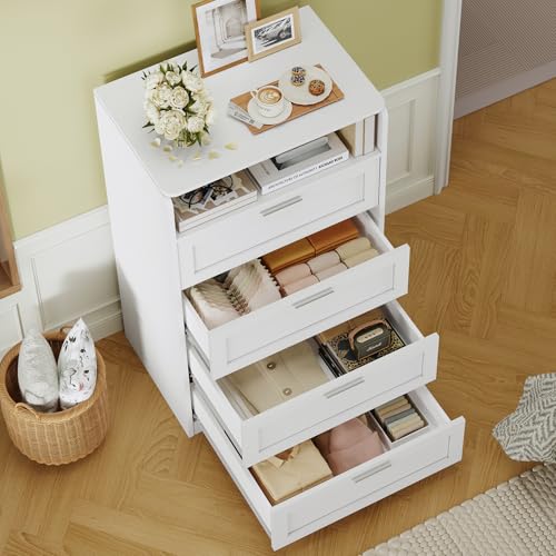 Image of TEENFON Dresser for Bedroom, Tall White Dresser with 4 Drawers, Dressers with Mirror, Chest of Drawers for Bedroom, Living Room, Closet, Hallway, White