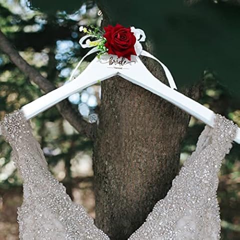 Heread Wedding Hangers White Wood Color Flower Bride Dress Hanger Leaf Groom Suit Hanger Engraved Wedding Grown Hanger with Ribbon Bow Knot for Women and Men (Bride (Pack of 1)) Cover