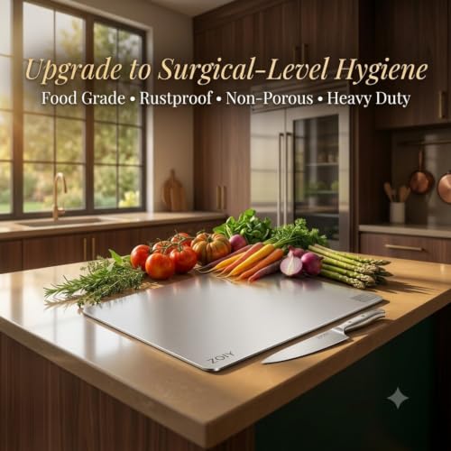Image of Food Grade Stainless Steel Cutting Board for Kitchen - 32 x 21.5 cm Heavy Duty Chopping Board, Hygienic Non-Porous Surface, Rustproof Metal Pastry Board for Meat, Vegetables & Fruit