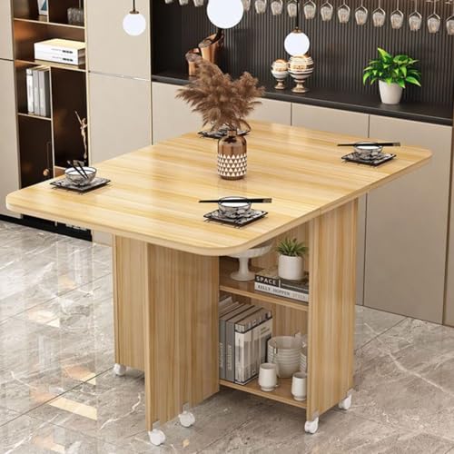 Drop Leaf Dining Table with Storage Racks and Lockable Wheels Folding Desk for Small Spaces Extendable Table for Kitchen or Living Room Rustic Logs Design