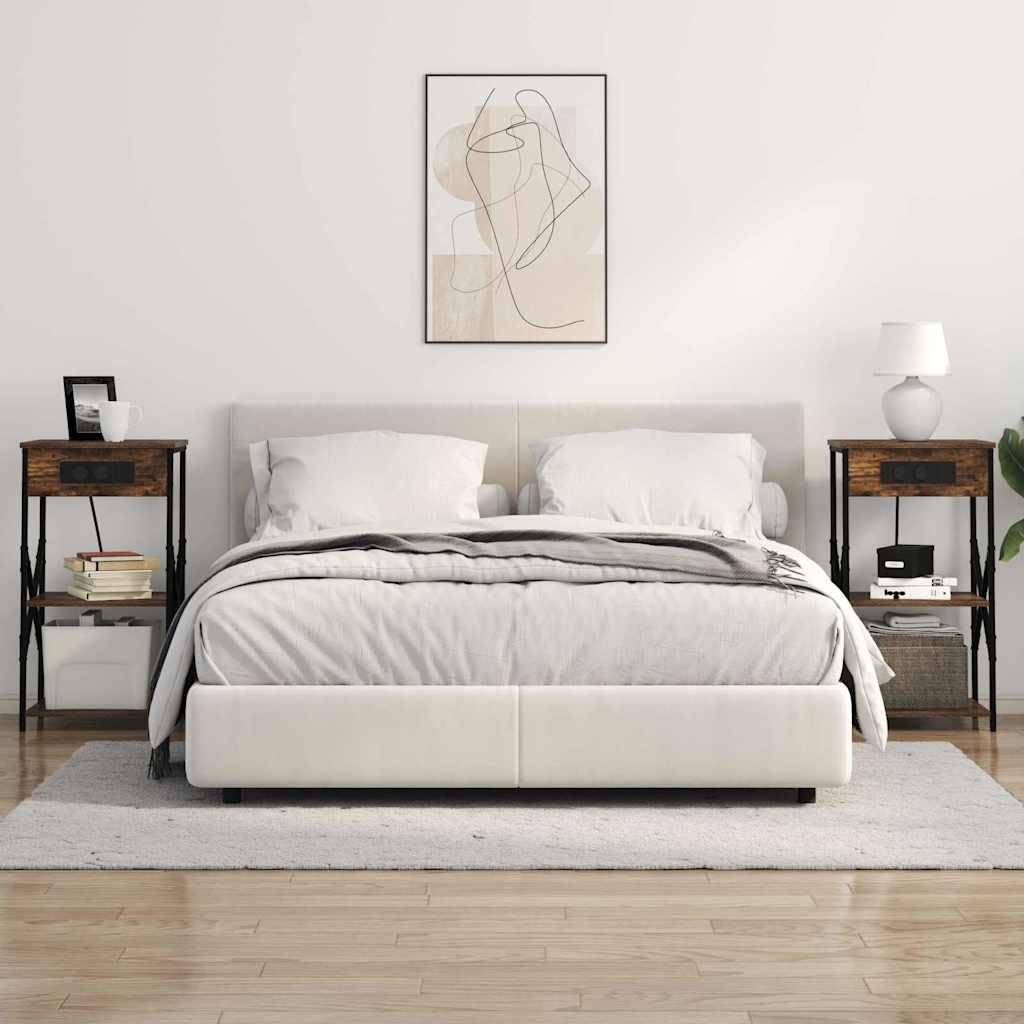Stolik nocny z regałem, 2 sztuki, wykonany z materiału drewnopochodnego w kolorze wędzonego dębu, 41 x 31 x 76 cm, rama stalowa, stacja ładująca, 4 półki z desek, miejsce do przechowywania