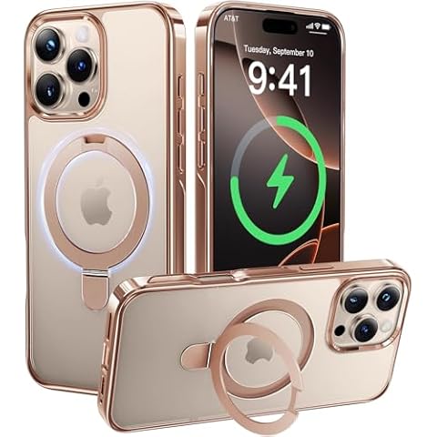 Alphex Bundle Item: Gold and Black Titanium Stand for MagSafe iPhone 16 Pro Max Case, Polished Titanium Match for iPhone, 16FT- Military Drop Protection, Shockproof Phone Ring Slim Cover 6.9 inch Cover