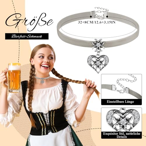 Herdear Bierfest Damen Trachtenkette Herz Edelweiß Halskette Elegantes Kropfband mit Strasssteinen Herz und Edelweiß Anhänger(Hellgrau)