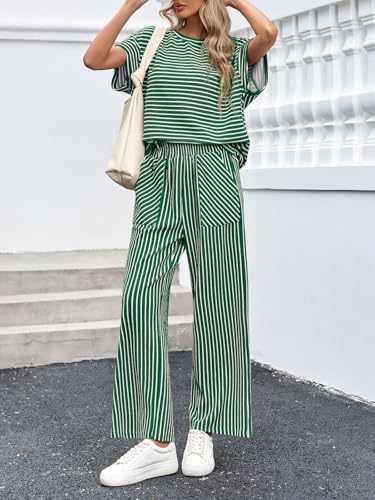 Image of Tankaneo Womens Striped 2 Piece Sets Short Sleeve T Shirts Wide Leg Pants Matching Lounge Set with Pockets