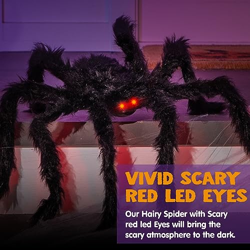 Image of JOYIN 6.5ft Halloween Spider Outdoor Decorations, Light-up LED Eyes Scary Giant Fake Large Hairy Spider Props for Halloween Yard Lawn Decoration, Indoor Party Supplies and Outside Decor, Black