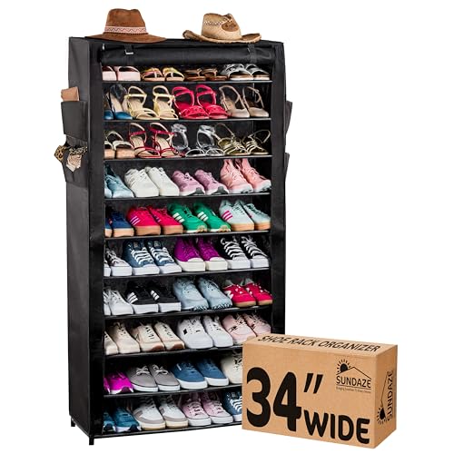 Sundaze Shoe Rack with Cover - 10 Tier Shoe Rack for Front Door Entrance, Sturdy Tall Shoe Organizer for Bedroom, Closet, Garage, Non Woven Fabric Shelf, Black, Holds Up to 50 Pairs