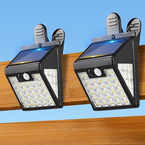 Thumok 2 Pack Clip On Solar Lights Outdoor 600LM Motion Sensor Solar Fence Lights No Drill Installation Solar Lights for Fence Deck Railing Gutter IP65 Waterproof Outdoor Security Lights