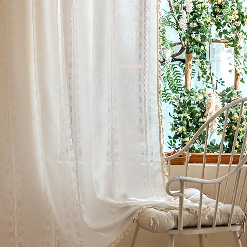 Ivory White Boho Semi Sheer Curtains 63 inch Length 2
