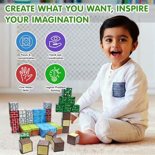 Image of Kidology 48pcs Magnetic Building Blocks for Kids - STEM Montessori Construction Toy Set for Boys & Girls Ages 3+ - Mine-Themed Sensory Magnetic Cubes - Educational Gifts for Kids - (Base Not Included)