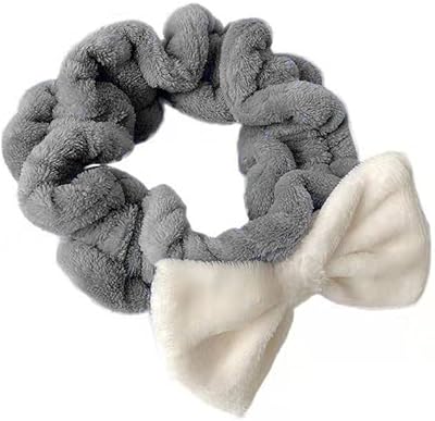 Hofar Face Wash Headband Bow Headband Skincare Hairband with Bow Tie Coral Fleece Cartoon Cute Creative Hair Accessories (Grey)