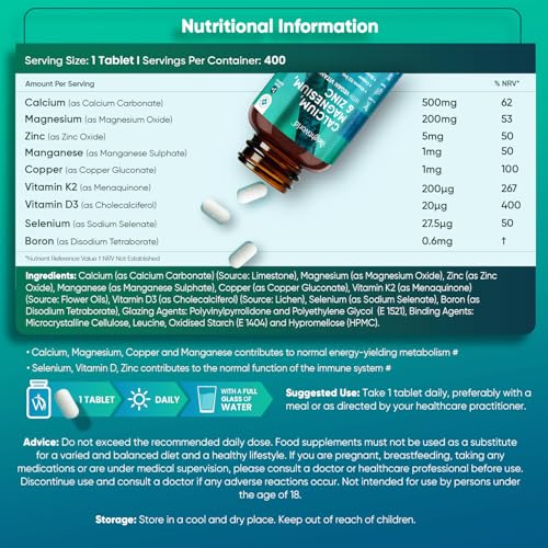 Calcium Magnesium Zinc and Vitamin D Supplement | 1+ Year Supply | 400 Vegan Tablets | 1414mg per 2 Tablets - with Zinc, Selenium & Vitamin K2 - for Bones, Teeth & Muscle Function (EFSA Claims) - Image 7