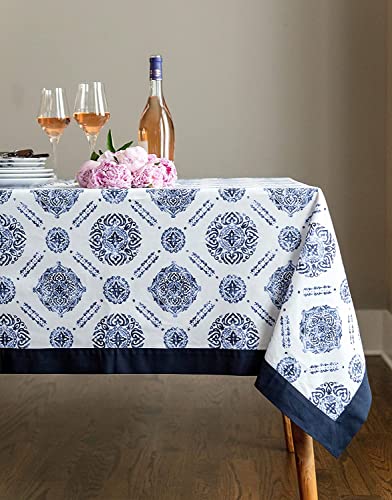 Image of Urban Space Sicilia Table Linen Collection - Premium Water & Stain Resistant Dining Table Cover for 6 Seater, Anti Skid Table Cloth for Center Table, 1 Piece (Blue Border, 6 Seater 52 inch x 92 inch)