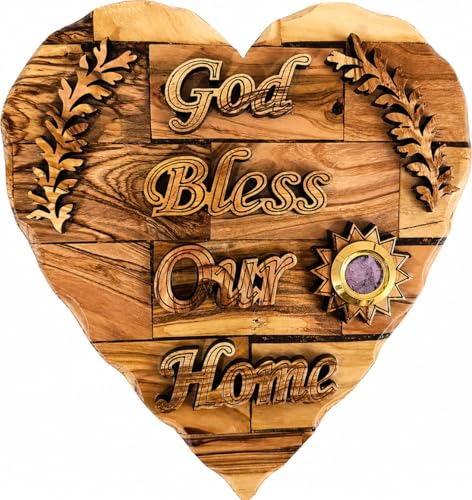 Zuluf Olive Wood God Bless Our Home Heart Plaque, Bethlehem Wall Sculpture, 6.5 Inch, Hand Carved Olive Branch Corners, Sealed Frankincense Capsule, Brass Hanger - Religious Wall Decor