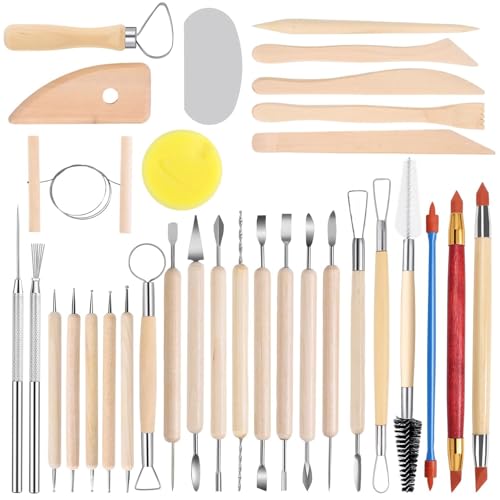 CHARMNAIL Kit di Attrezzi per Ceramica 32 Pezzi per Argilla da Modellare, Utensili per Scultura in Legno & Acciaio, Set Creativo Fai da Te per Principianti, Famiglia, Regalo Creativo
